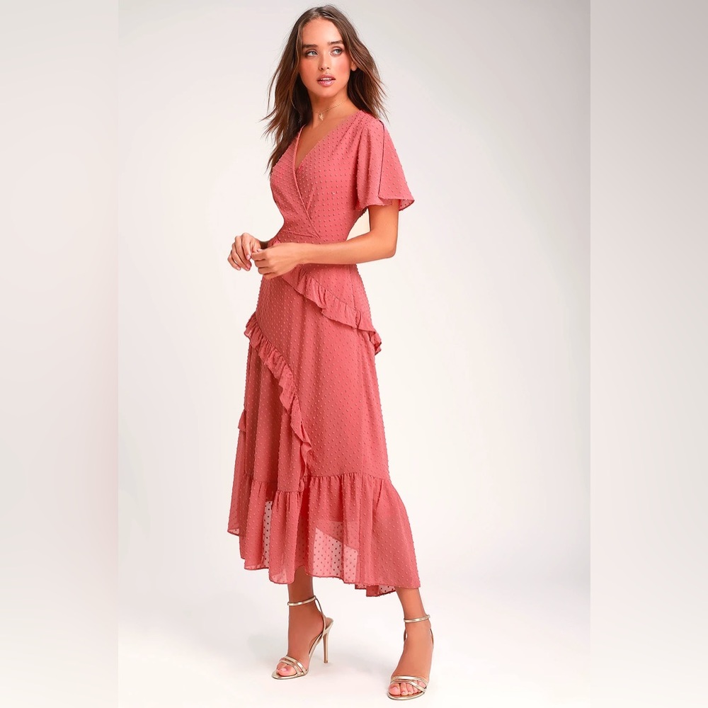 Lulus Next to You Rusty Rose Swiss Dot Ruffled Midi Dress